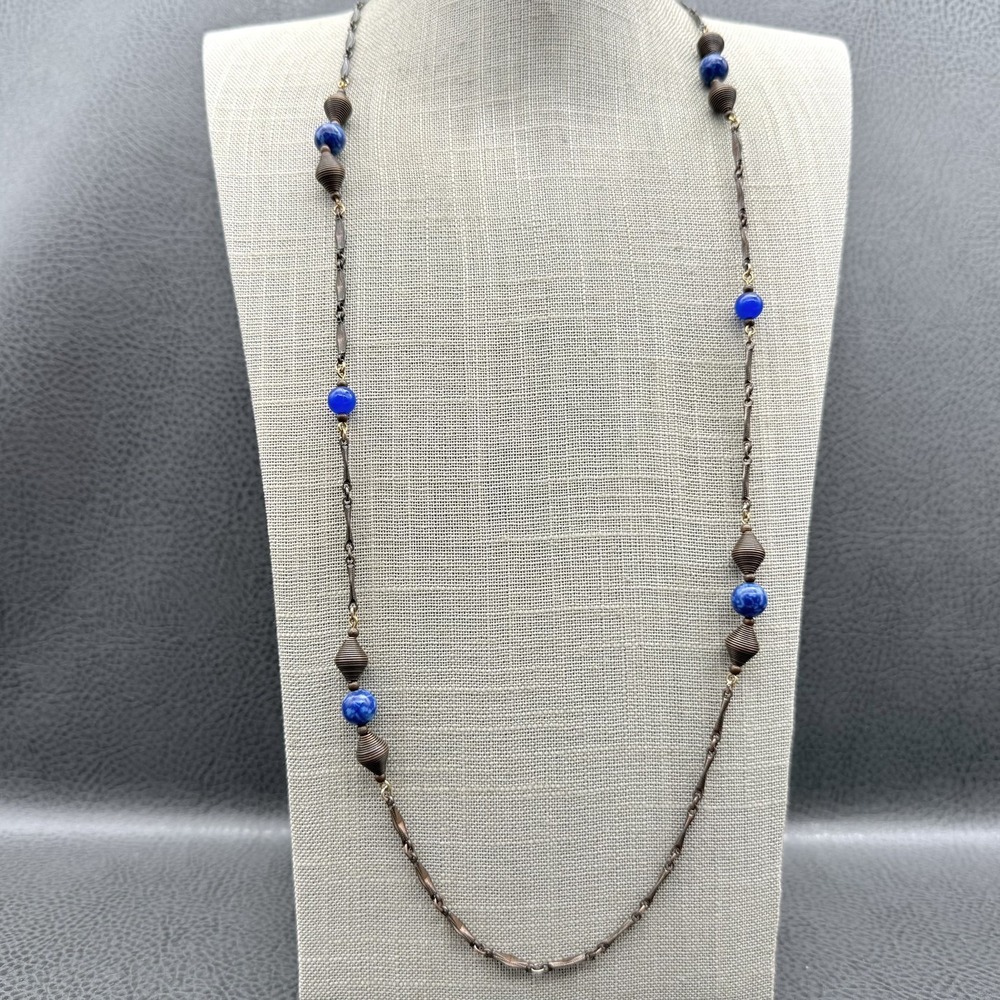Vintage 1928 Necklace Faux Lapis Bead Brass Tone Spiral Chain Art Deco 28"‎